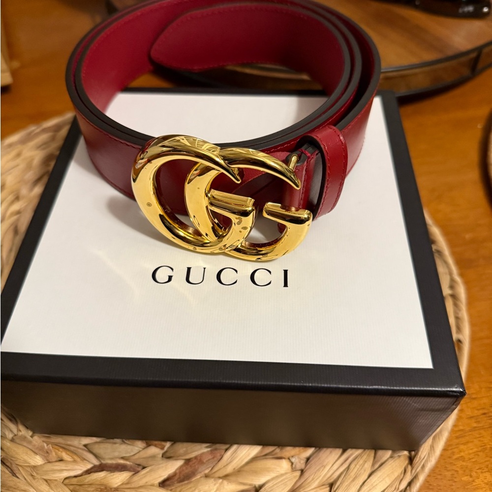 Gucci Red and Gold Belt with Iconic Double G Buckle